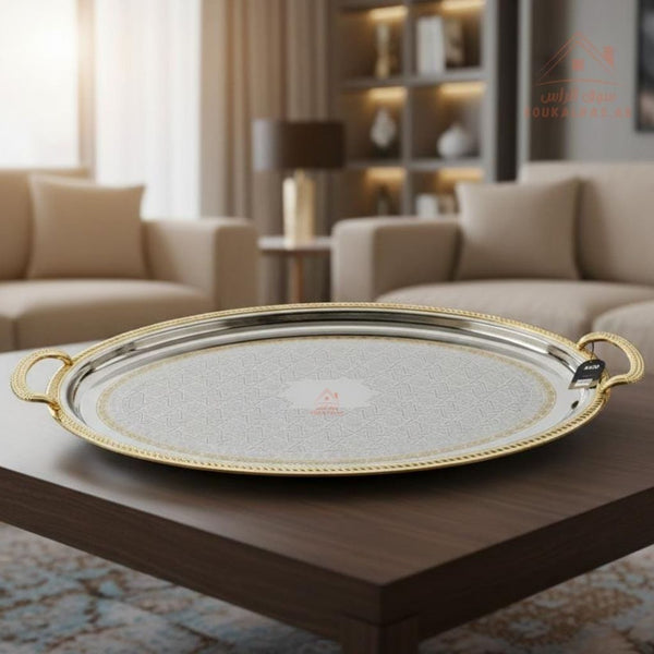 Premium gold Oval Serving Tray with Handles – gold Arabic Design | Available in Two Sizes| Perfect for serving tea, coffee, sweets, dates, and desserts for guests and daily use. - Souk Al Ras