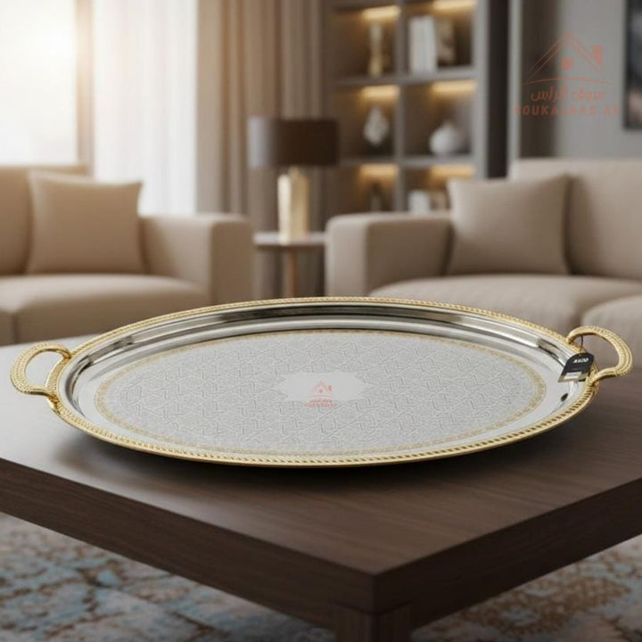 Premium gold Oval Serving Tray with Handles – gold Arabic Design | Available in Two Sizes| Perfect for serving tea, coffee, sweets, dates, and desserts for guests and daily use. - Souk Al Ras