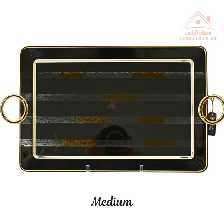 Premium Gold Rectangular Serving Tray with Handles – Gold Arabic Design | Available in Two Sizes| Perfect for serving tea, coffee, sweets, dates, and desserts for guests and daily use. - Souk Al Ras