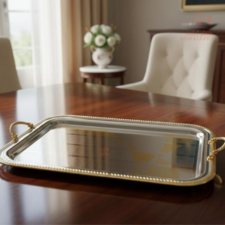 Premium Gold - Trim Stainless Steel Serving Tray | Elegant Rectangular Design with Strong Handles - Souk Al Ras