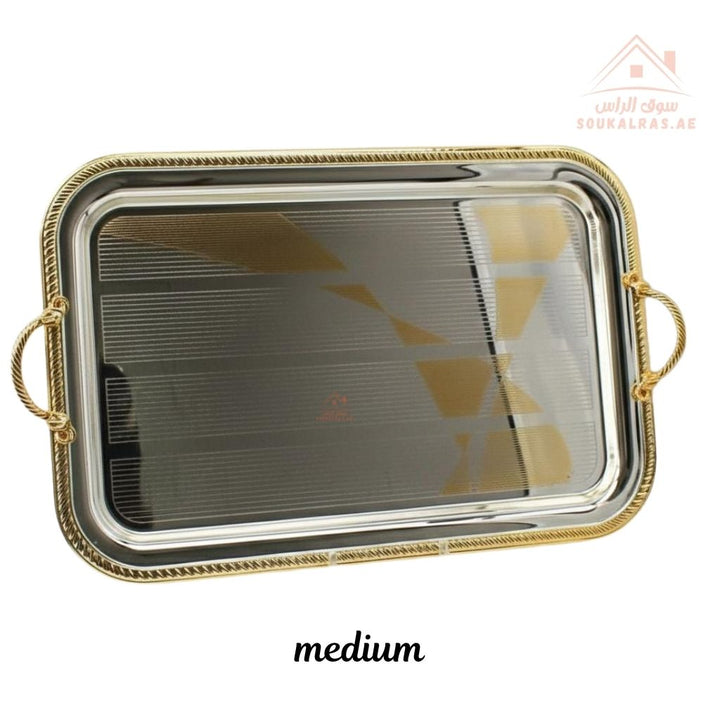 Premium Gold - Trim Stainless Steel Serving Tray | Elegant Rectangular Design with Strong Handles - Souk Al Ras