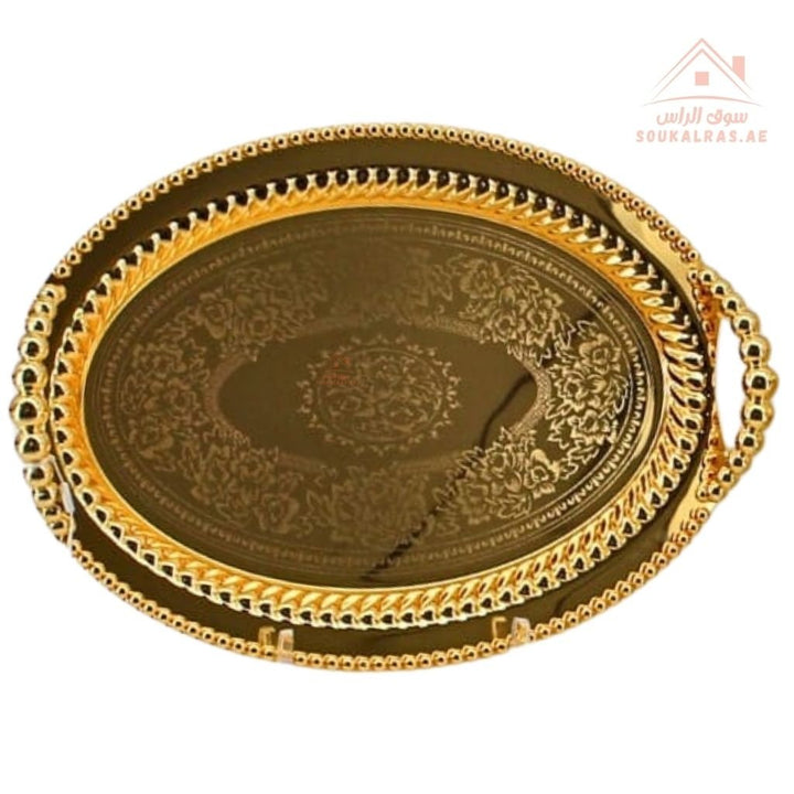 Premium Oval Gold Serving Tray with Handles – Gold Arabic Design | Available in Two Sizes| Perfect for serving tea, coffee, sweets, dates, and desserts for guests and daily use. - Souk Al Ras