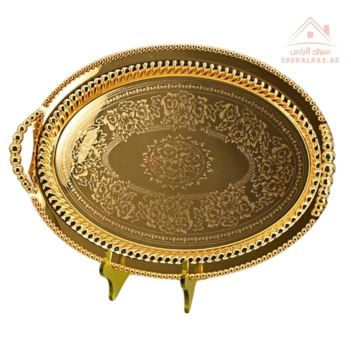 Premium Oval Gold Serving Tray with Handles – Gold Arabic Design | Available in Two Sizes| Perfect for serving tea, coffee, sweets, dates, and desserts for guests and daily use. - Souk Al Ras