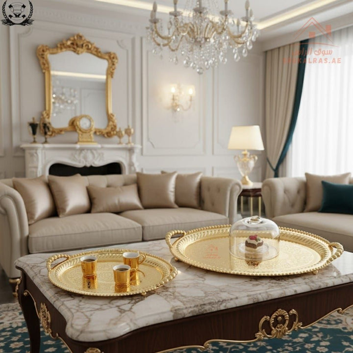 Premium Oval Gold Serving Tray with Handles – Gold Arabic Design | Available in Two Sizes| Perfect for serving tea, coffee, sweets, dates, and desserts for guests and daily use. - Souk Al Ras