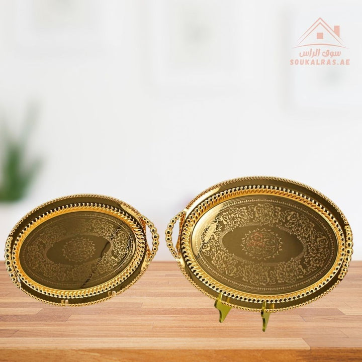 Premium Oval Gold Serving Tray with Handles – Gold Arabic Design | Available in Two Sizes| Perfect for serving tea, coffee, sweets, dates, and desserts for guests and daily use. - Souk Al Ras