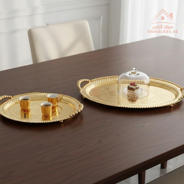 Premium Oval Gold Serving Tray with Handles – Gold Arabic Design | Available in Two Sizes| Perfect for serving tea, coffee, sweets, dates, and desserts for guests and daily use. - Souk Al Ras