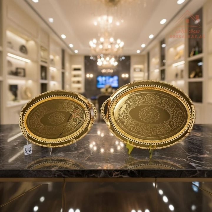 Premium Oval Gold Serving Tray with Handles – Gold Arabic Design | Available in Two Sizes| Perfect for serving tea, coffee, sweets, dates, and desserts for guests and daily use. - Souk Al Ras