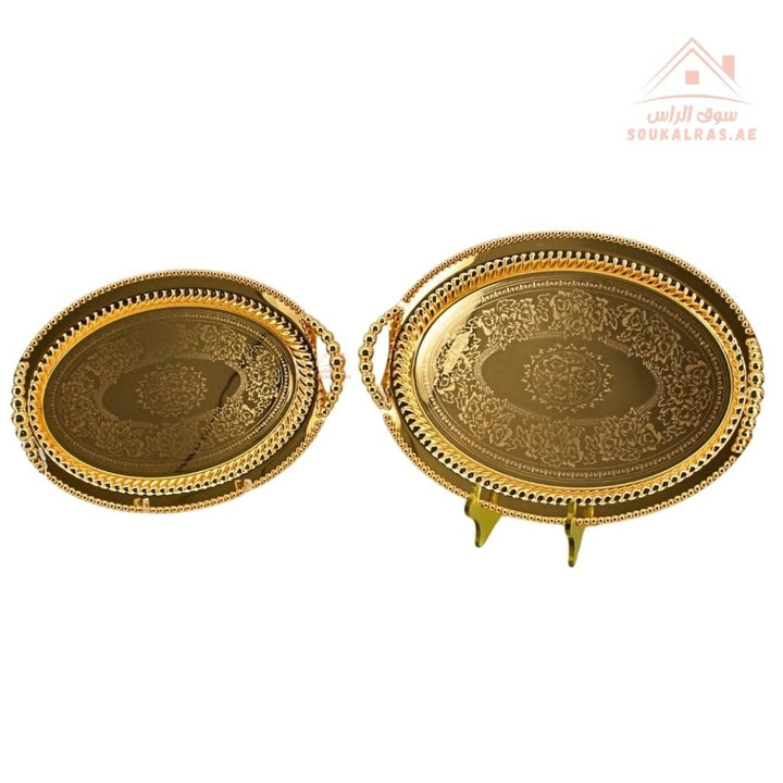 Premium Oval Gold Serving Tray with Handles – Gold Arabic Design | Available in Two Sizes| Perfect for serving tea, coffee, sweets, dates, and desserts for guests and daily use. - Souk Al Ras