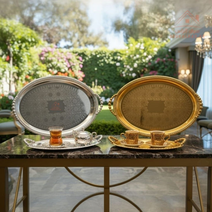 Premium Oval Serving Tray with Handles | Silver & Gold | Elegant Arabic Pattern | Ideal for Tea & Coffee Service - Souk Al Ras