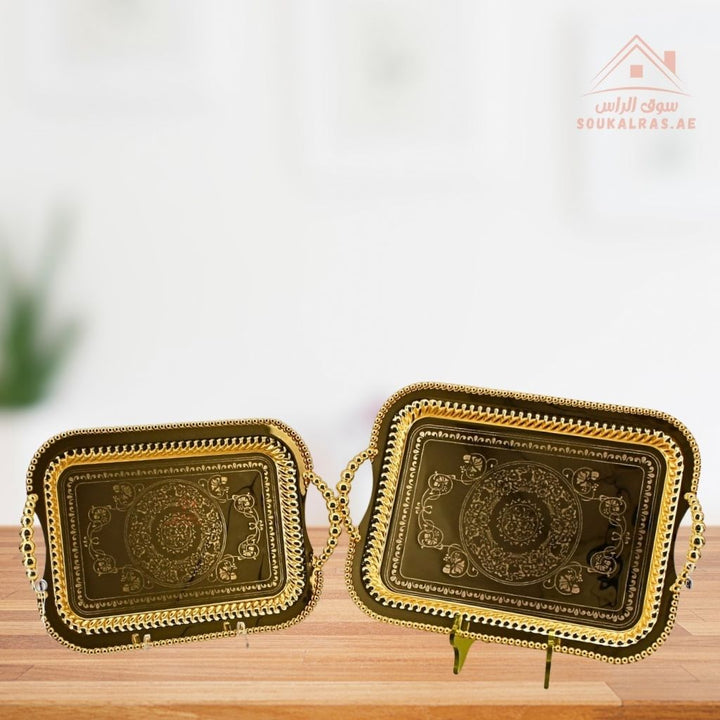 Premium Rectangular Gold Serving Tray with Handles – Gold Arabic Design | Available in Two Sizes| Perfect for serving tea, coffee, sweets, dates, and desserts for guests and daily use. - Souk Al Ras