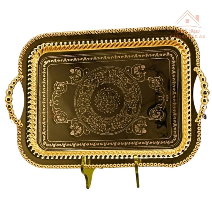 Premium Rectangular Gold Serving Tray with Handles – Gold Arabic Design | Available in Two Sizes| Perfect for serving tea, coffee, sweets, dates, and desserts for guests and daily use. - Souk Al Ras