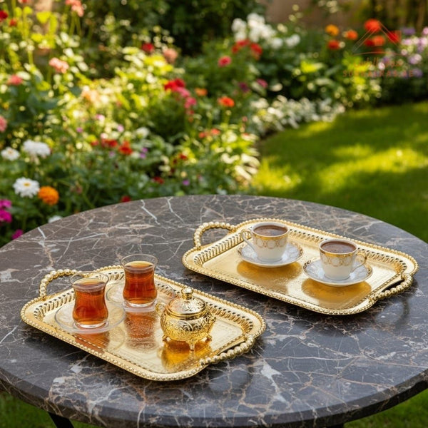 Premium Rectangular Gold Serving Tray with Handles – Gold Arabic Design | Available in Two Sizes| Perfect for serving tea, coffee, sweets, dates, and desserts for guests and daily use. - Souk Al Ras
