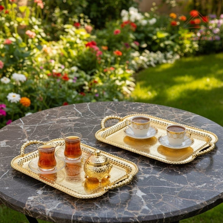 Premium Rectangular Gold Serving Tray with Handles – Gold Arabic Design | Available in Two Sizes| Perfect for serving tea, coffee, sweets, dates, and desserts for guests and daily use. - Souk Al Ras