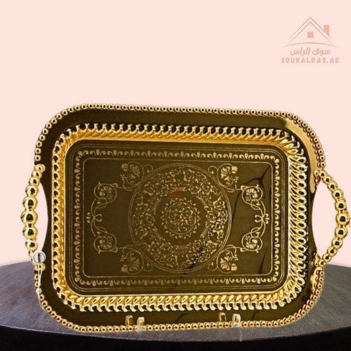 Premium Rectangular Gold Serving Tray with Handles – Gold Arabic Design | Available in Two Sizes| Perfect for serving tea, coffee, sweets, dates, and desserts for guests and daily use. - Souk Al Ras