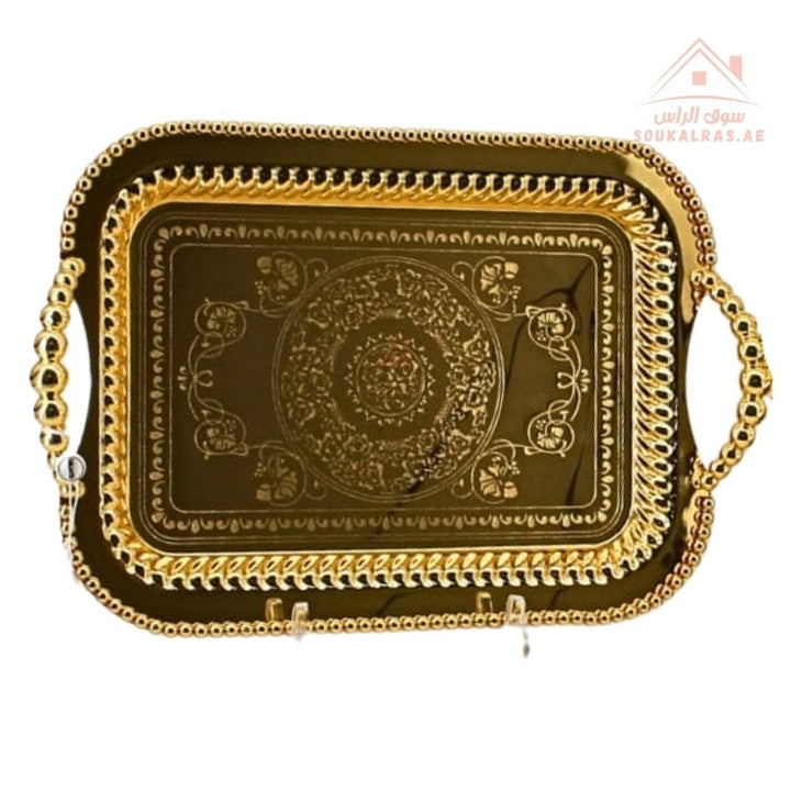 Premium Rectangular Gold Serving Tray with Handles – Gold Arabic Design | Available in Two Sizes| Perfect for serving tea, coffee, sweets, dates, and desserts for guests and daily use. - Souk Al Ras