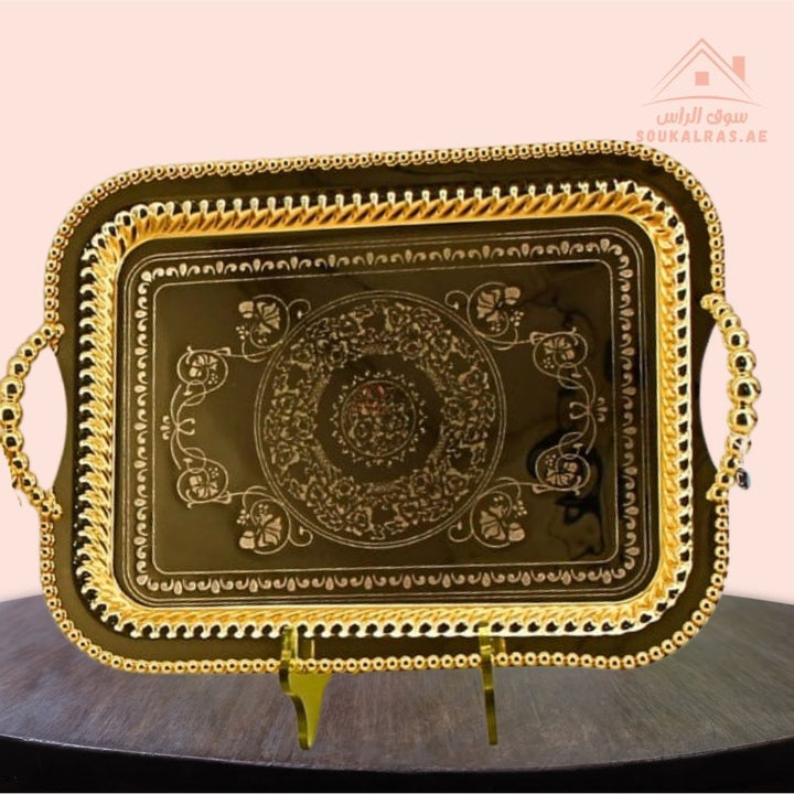 Premium Rectangular Gold Serving Tray with Handles – Gold Arabic Design | Available in Two Sizes| Perfect for serving tea, coffee, sweets, dates, and desserts for guests and daily use. - Souk Al Ras