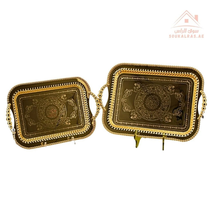 Premium Rectangular Gold Serving Tray with Handles – Gold Arabic Design | Available in Two Sizes| Perfect for serving tea, coffee, sweets, dates, and desserts for guests and daily use. - Souk Al Ras