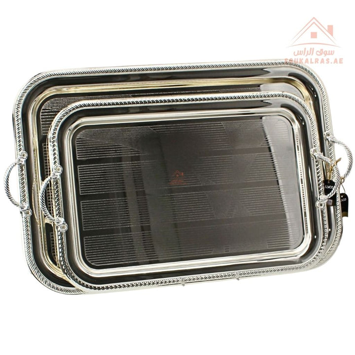 Premium Rectangular Stainless Steel Serving Tray – Elegant Textured Rim & Rope Handles | Perfect for serving tea, coffee, sweets, dates, and desserts for guests and daily use. - Souk Al Ras