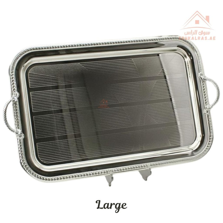 Premium Rectangular Stainless Steel Serving Tray – Elegant Textured Rim & Rope Handles | Perfect for serving tea, coffee, sweets, dates, and desserts for guests and daily use. - Souk Al Ras