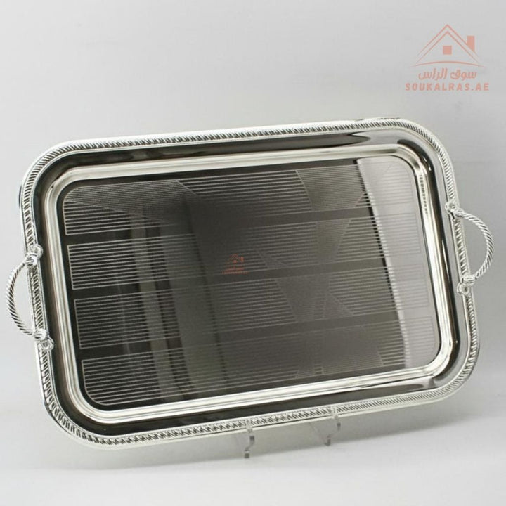 Premium Rectangular Stainless Steel Serving Tray – Elegant Textured Rim & Rope Handles | Perfect for serving tea, coffee, sweets, dates, and desserts for guests and daily use. - Souk Al Ras