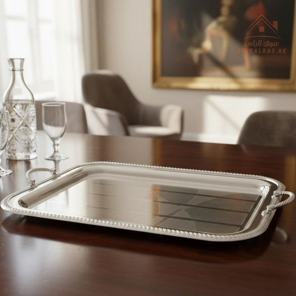 Premium Rectangular Stainless Steel Serving Tray – Elegant Textured Rim & Rope Handles | Perfect for serving tea, coffee, sweets, dates, and desserts for guests and daily use. - Souk Al Ras