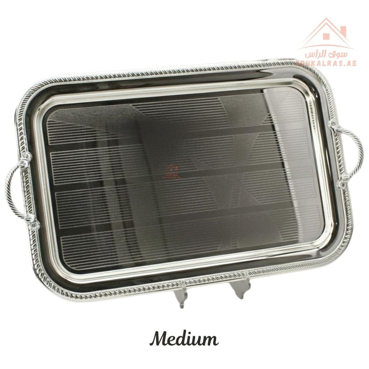 Premium Rectangular Stainless Steel Serving Tray – Elegant Textured Rim & Rope Handles | Perfect for serving tea, coffee, sweets, dates, and desserts for guests and daily use. - Souk Al Ras