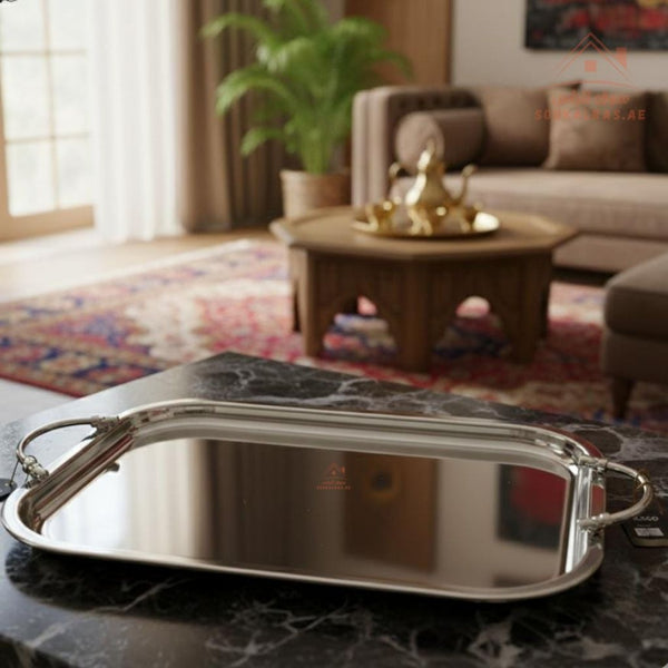 Premium Rectangular Stainless Steel Serving Tray with Handles – Silver Arabic Design | Available in Two Sizes| Perfect for serving tea, coffee, sweets, dates, and desserts for guests and daily use. - Souk Al Ras