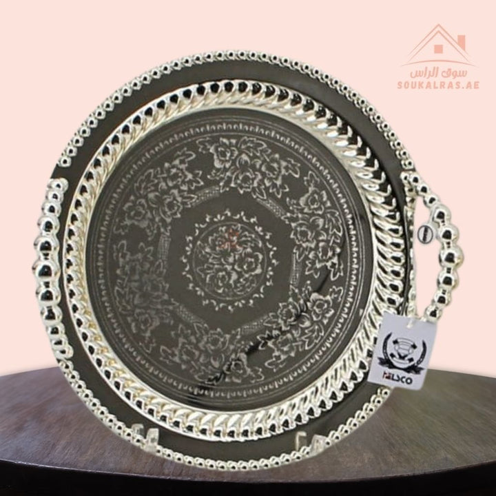 Premium Round Serving Tray with Handles | Silver & Gold | Elegant Arabic Pattern | Ideal for Tea & Coffee Service - Souk Al Ras