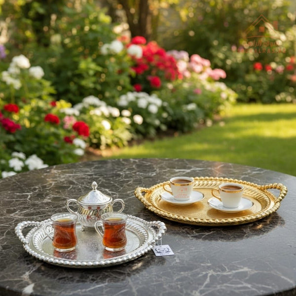 Premium Round Serving Tray with Handles | Silver & Gold | Elegant Arabic Pattern | Ideal for Tea & Coffee Service - Souk Al Ras