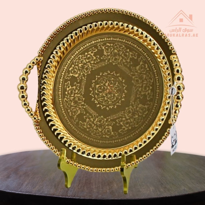 Premium Round Serving Tray with Handles | Silver & Gold | Elegant Arabic Pattern | Ideal for Tea & Coffee Service - Souk Al Ras