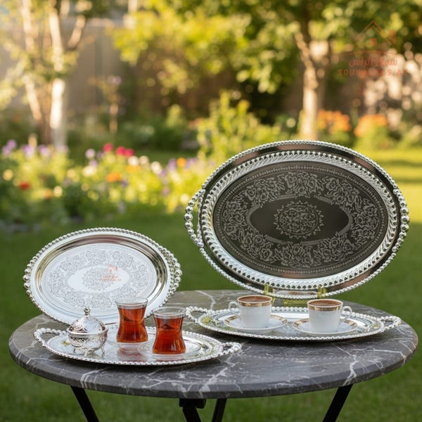 Premium Silver Oval Serving Tray with Handles| Available in Two Sizes| Perfect for serving tea, coffee, sweets, dates, and desserts for guests and daily use. - Souk Al Ras