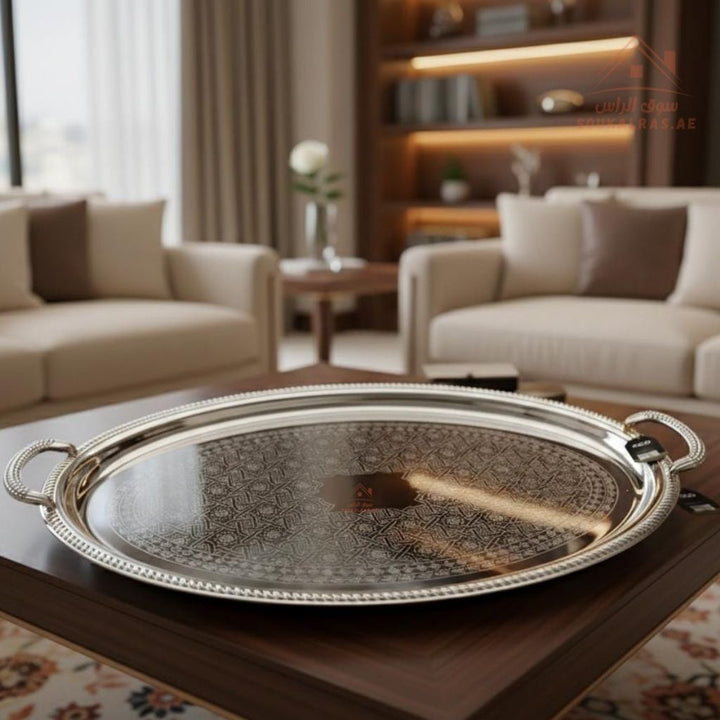 Premium Silver Oval Serving Tray with Handles – Silver Arabic Design | Available in Two Sizes| Perfect for serving tea, coffee, sweets, dates, and desserts for guests and daily use. - Souk Al Ras