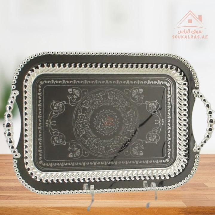 Premium Silver Rectangular Serving Tray with Handles – Silver Arabic Design | Available in Two Sizes| Perfect for serving tea, coffee, sweets, dates, and desserts for guests and daily use. - Souk Al Ras