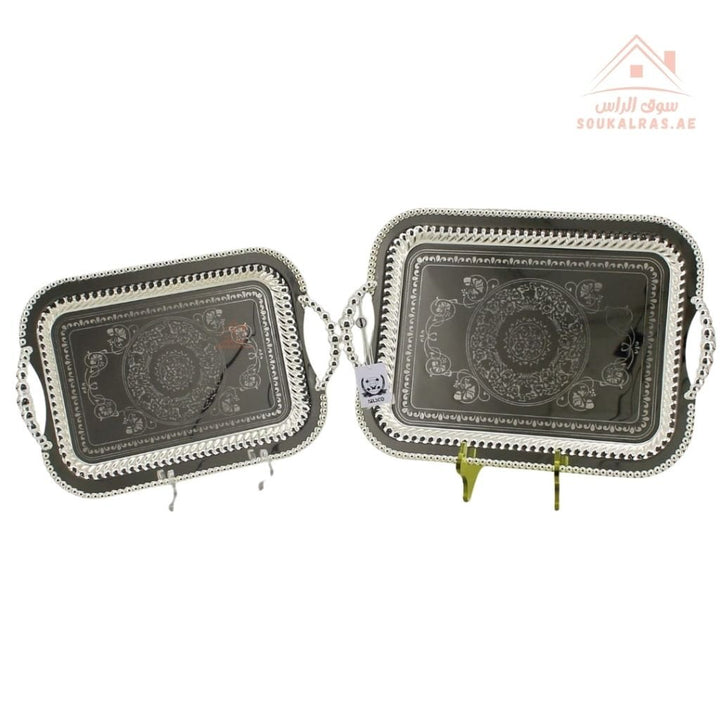 Premium Silver Rectangular Serving Tray with Handles – Silver Arabic Design | Available in Two Sizes| Perfect for serving tea, coffee, sweets, dates, and desserts for guests and daily use. - Souk Al Ras
