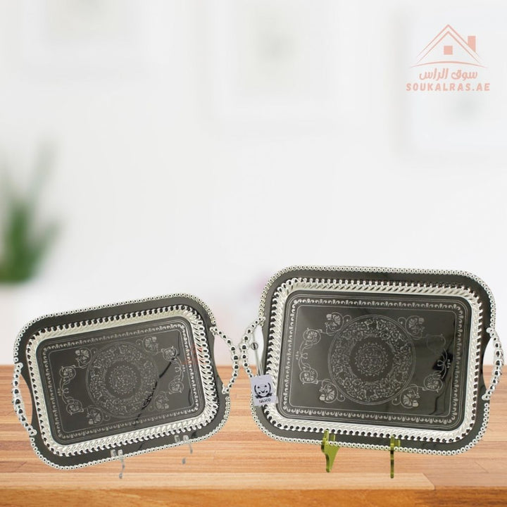 Premium Silver Rectangular Serving Tray with Handles – Silver Arabic Design | Available in Two Sizes| Perfect for serving tea, coffee, sweets, dates, and desserts for guests and daily use. - Souk Al Ras