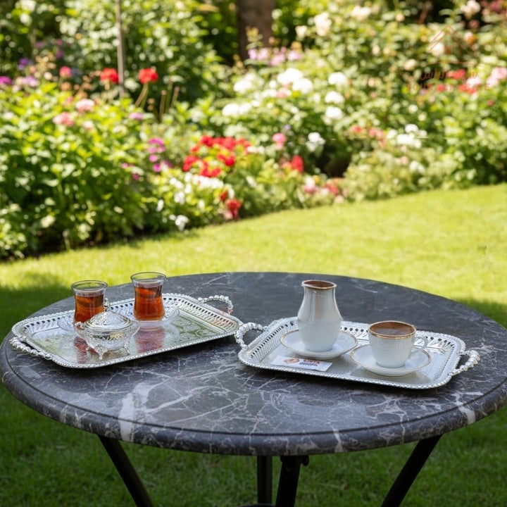 Premium Silver Rectangular Serving Tray with Handles – Silver Arabic Design | Available in Two Sizes| Perfect for serving tea, coffee, sweets, dates, and desserts for guests and daily use. - Souk Al Ras
