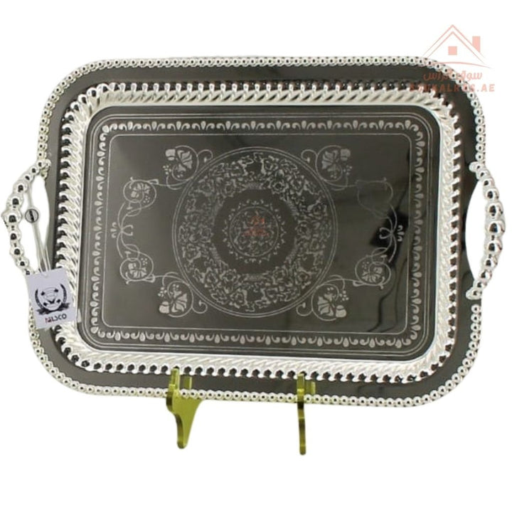 Premium Silver Rectangular Serving Tray with Handles – Silver Arabic Design | Available in Two Sizes| Perfect for serving tea, coffee, sweets, dates, and desserts for guests and daily use. - Souk Al Ras