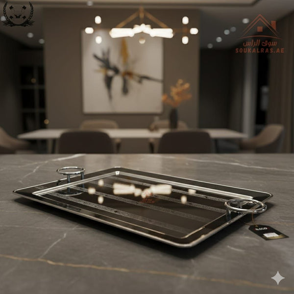 Premium Silver Rectangular Serving Tray with Handles – Silver Arabic Design | Available in Two Sizes| Perfect for serving tea, coffee, sweets, dates, and desserts for guests and daily use. - Souk Al Ras