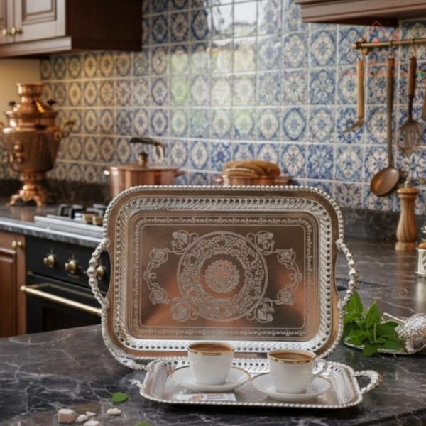 Premium Silver Rectangular Serving Tray with Handles – Silver Arabic Design | Available in Two Sizes| Perfect for serving tea, coffee, sweets, dates, and desserts for guests and daily use. - Souk Al Ras