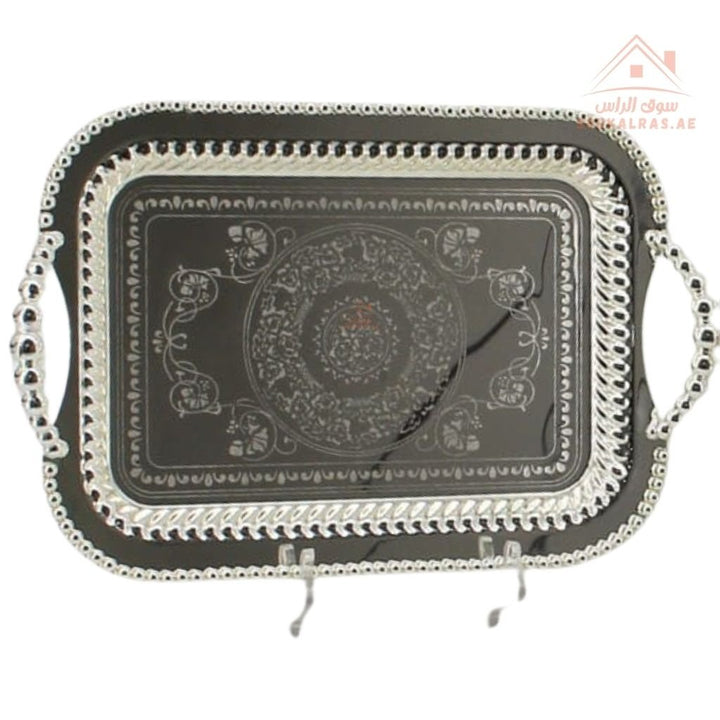 Premium Silver Rectangular Serving Tray with Handles – Silver Arabic Design | Available in Two Sizes| Perfect for serving tea, coffee, sweets, dates, and desserts for guests and daily use. - Souk Al Ras