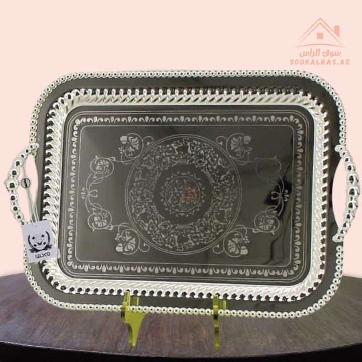 Premium Silver Rectangular Serving Tray with Handles – Silver Arabic Design | Available in Two Sizes| Perfect for serving tea, coffee, sweets, dates, and desserts for guests and daily use. - Souk Al Ras