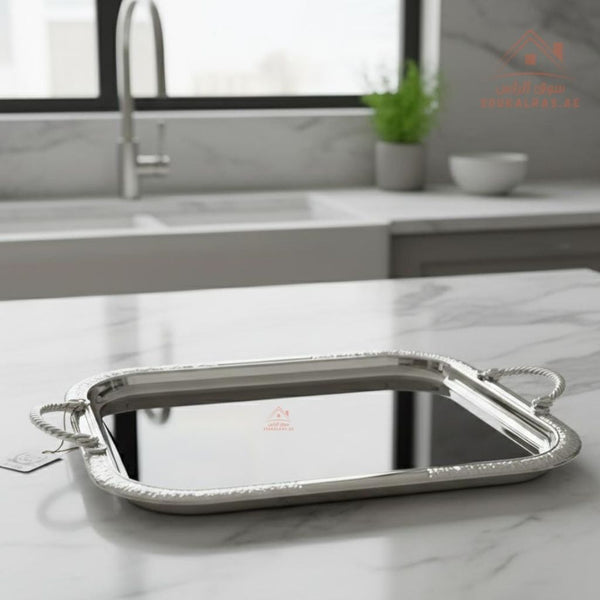 Premium Silver Stainless Steel Serving Tray – Elegant Textured Rim & Rope Handles | Perfect for serving tea, coffee, sweets, dates, and desserts for guests and daily use. - Souk Al Ras