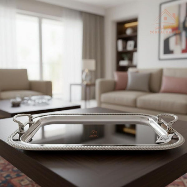 Premium Silver Stainless Steel Serving Tray – Elegant Textured Rim & Rope Handles | Perfect for serving tea, coffee, sweets, dates, and desserts for guests and daily use. - Souk Al Ras
