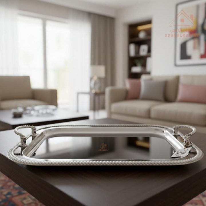 Premium Silver Stainless Steel Serving Tray – Elegant Textured Rim & Rope Handles | Perfect for serving tea, coffee, sweets, dates, and desserts for guests and daily use. - Souk Al Ras