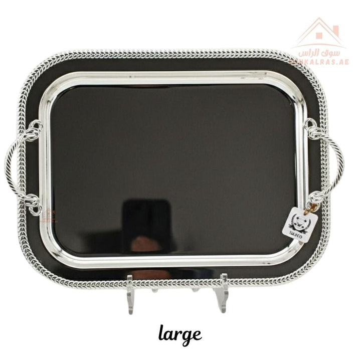 Premium Silver Stainless Steel Serving Tray – Elegant Textured Rim & Rope Handles | Perfect for serving tea, coffee, sweets, dates, and desserts for guests and daily use. - Souk Al Ras