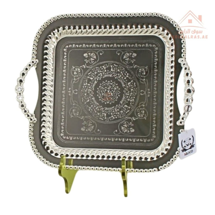 Premium Square Serving Tray with Handles – Silver Arabic Design | Available in Two Sizes| Perfect for serving tea, coffee, sweets, dates, and desserts for guests and daily use. - Souk Al Ras