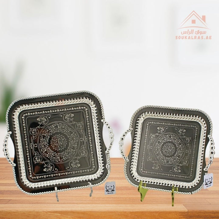 Premium Square Serving Tray with Handles – Silver Arabic Design | Available in Two Sizes| Perfect for serving tea, coffee, sweets, dates, and desserts for guests and daily use. - Souk Al Ras