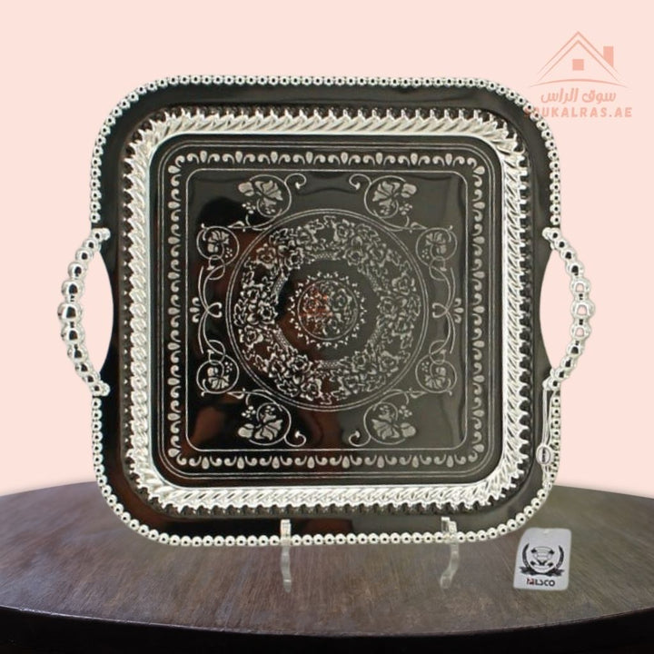 Premium Square Serving Tray with Handles – Silver Arabic Design | Available in Two Sizes| Perfect for serving tea, coffee, sweets, dates, and desserts for guests and daily use. - Souk Al Ras