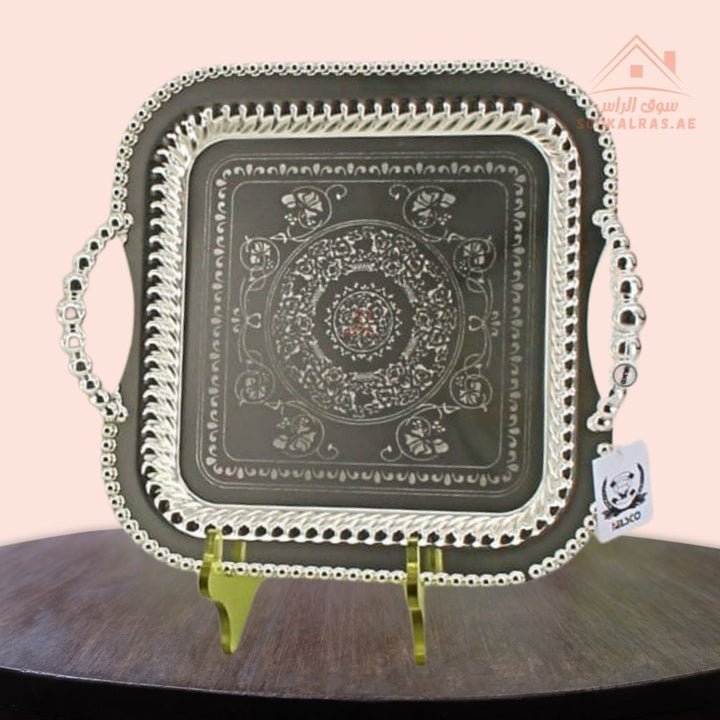 Premium Square Serving Tray with Handles – Silver Arabic Design | Available in Two Sizes| Perfect for serving tea, coffee, sweets, dates, and desserts for guests and daily use. - Souk Al Ras