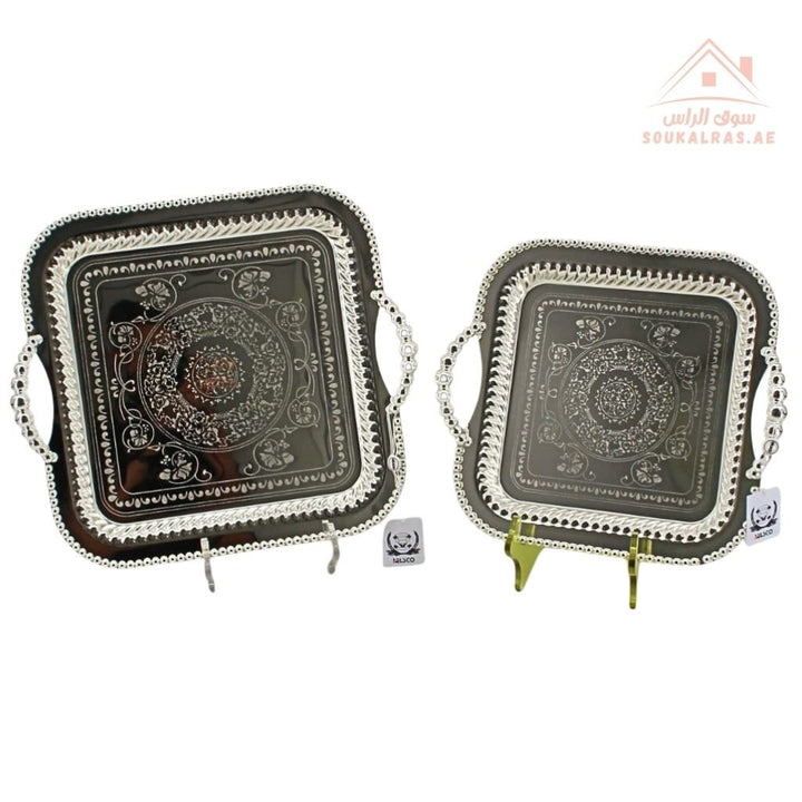 Premium Square Serving Tray with Handles – Silver Arabic Design | Available in Two Sizes| Perfect for serving tea, coffee, sweets, dates, and desserts for guests and daily use. - Souk Al Ras